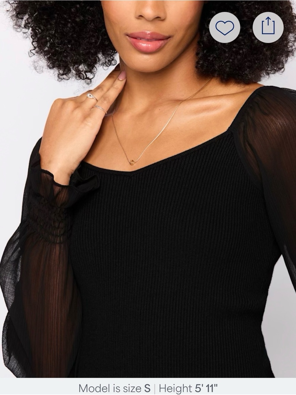 Black Ribbed Knit Long Sleeve Top with Sheer Puff Sleeves